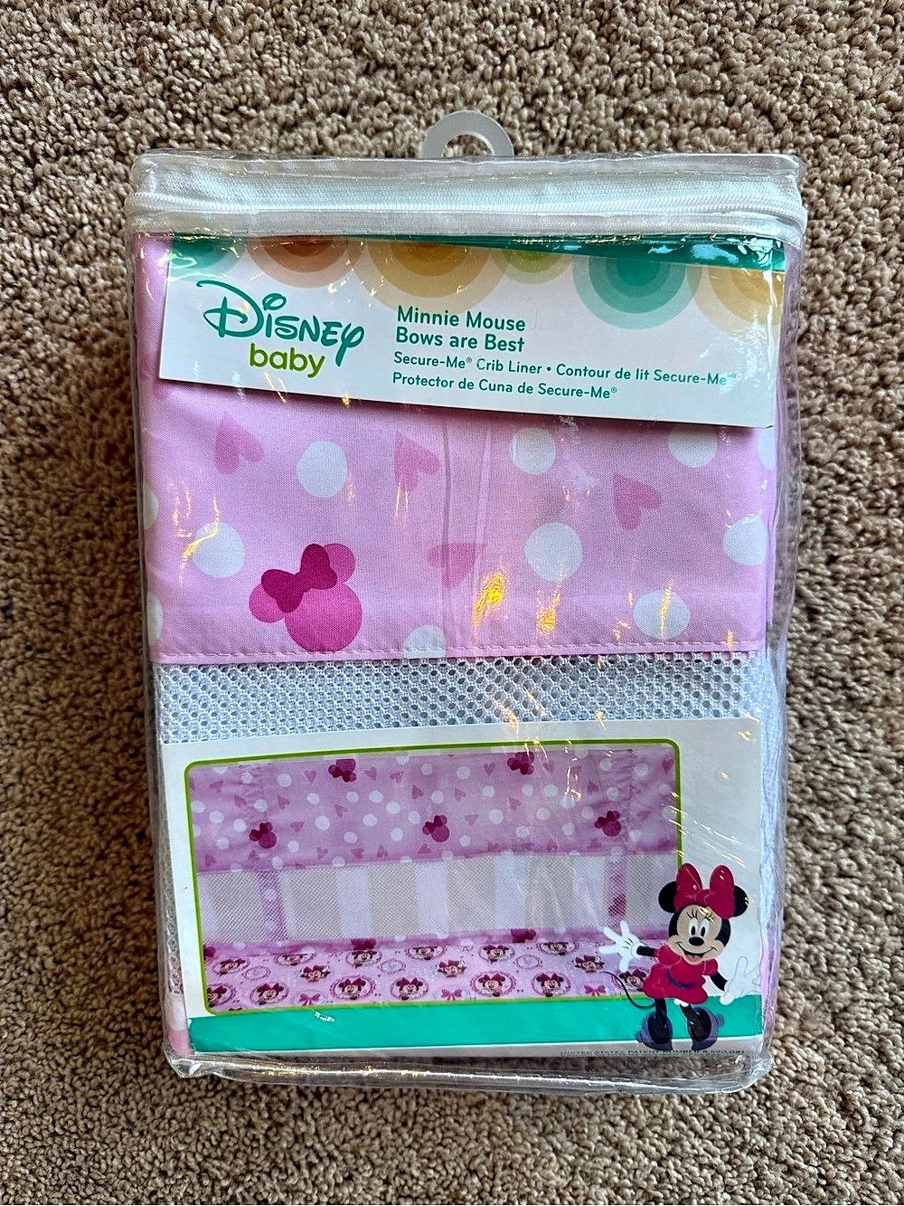 Disney Baby Minnie Mouse Bows are Betters Secure-Me Crib Liner Pink & White NWT